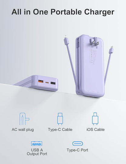 20000mAh Ultra-Portable-Charger-Power-Bank PD20W with Built in Cables&AC Wall Plug,Fast Charging Cell Phone Charger Battery Pack,LED Display Travel Battery Bank for All iPhone,Samsung,Android