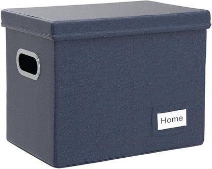 PRANDOM File Organizer Box - Set of 1 Collapsible Decorative Linen Filing Storage Hanging File Folders with Lids Office Cabinet Letter Size Navy Blue (14x9.3x10.8 inch)
