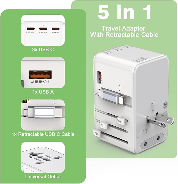 Universal Travel Adapter,35W 4 USB Port(3C/1A) International Power Adapter,European Travel Plug Adapter Retractable Type-C Cable+USB C 6FT Cable,Worldwide Plug Charger for EU UK USA AUS(Type C/G/A/I)