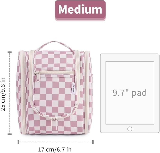 Narwey Small Checkered Hanging Travel Toiletry Bag for Women, Travel Bag for Toiletries, Makeup Bag Organizer Cosmetic Bags Make Up Bags for Women (Dusty Rose Checkerboard)