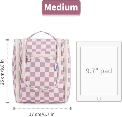 Narwey Small Checkered Hanging Travel Toiletry Bag for Women, Travel Bag for Toiletries, Makeup Bag Organizer Cosmetic Bags Make Up Bags for Women (Dusty Rose Checkerboard)