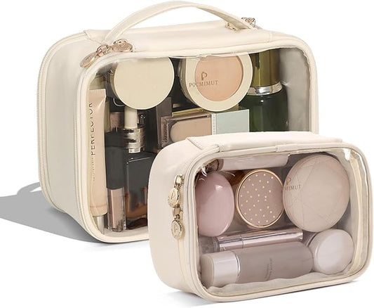 Pocmimut Clear Makeup Bags,Small Makeup Pouch with Large Cosmetic Bag Toiletry Bag Car Accessories Storage for Women,Travel Essentials Organizers,Beige