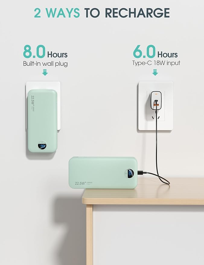 Portable Charger Power Bank, 20000mAh 22.5W USB C Fast Charging with Built-in Cables & Wall Plug, External Battery Pack with LED Display, Travel Essential for iPhone, iPad, Samsung Green