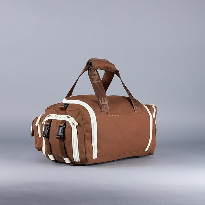 WOLFpak 20L Mini Duffle Bag for Gym & Travel | Waterproof Carry-On Weekender Bag with Shoe Compartment, Hard Bottom, and Tactical Molle System (Mocha Brown)