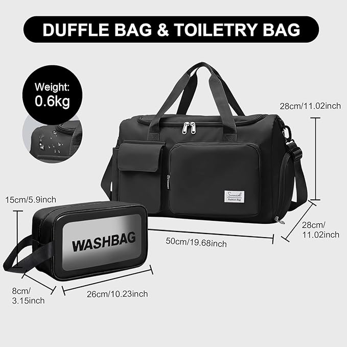 Gym Bag for Women Men, Travel Duffle Bag Large Capacity Carry On Weekender Bag With Shoe Compartment Gym Tote Dry Wet Separation Duffel Bag with Makeup Bag, Black