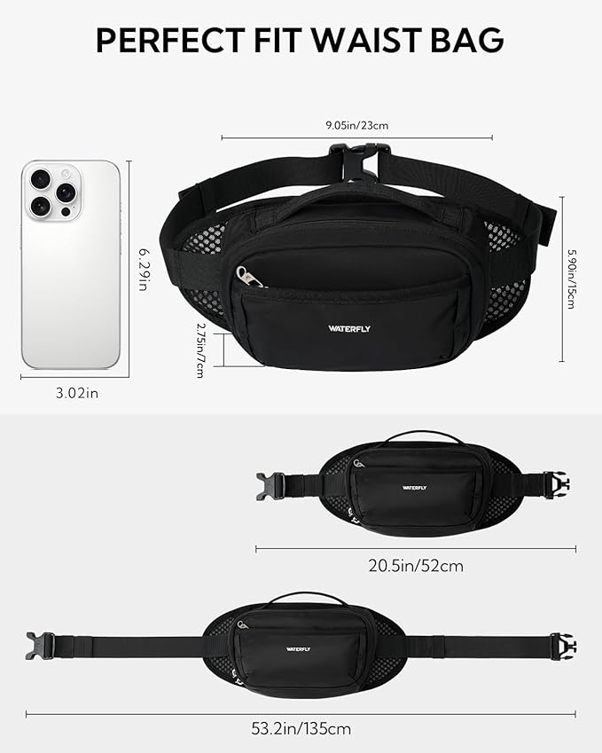 WATERFLY Fanny Pack Waist Bag: 2.3L Large RFID Blocking Crossbody Bags for Women Men, Breathable Casual Anti-Theft Hip Pouch for Traveling Walking Hiking-Black