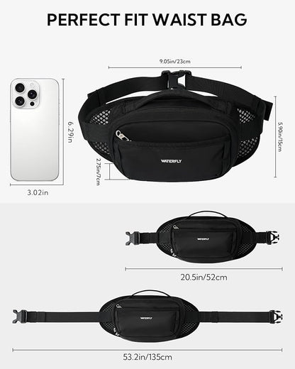 WATERFLY Fanny Pack Waist Bag: 2.3L Large RFID Blocking Crossbody Bags for Women Men, Breathable Casual Anti-Theft Hip Pouch for Traveling Walking Hiking-Black