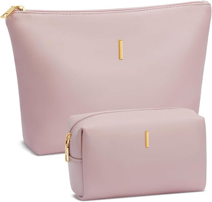 Women Gifts | Initial Makeup Bag Set for Girl Personalized Gifts for Bridesmaid Friend Graduation Teachers PU Leather Cosmetic Travel Toiletry Bag(Pink,I)