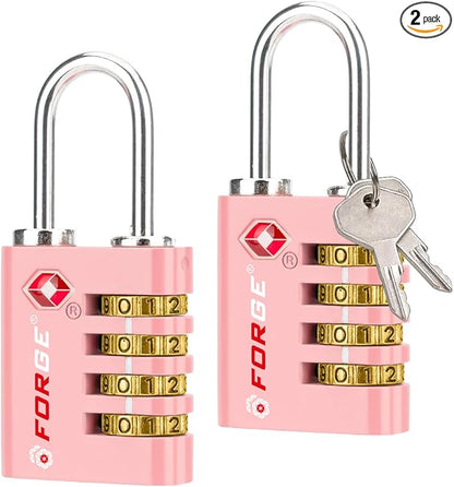 Forge Dual-Opening: Key or Combination Access Lock, TSA Approved Locks for Luggage, Pelican case, Travel, Gym, School, Stainless Steel Shackle. (Pink, 2 Pk)