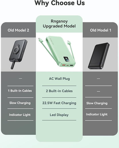 Portable Charger, 12000mAh 22.5W Fast Charging Power Bank with Built-in Cables & Wall Plug, Travel Essentials Battery Pack with LED Display, USB C External Battery Bank for iPhone iPad, Samsung Green
