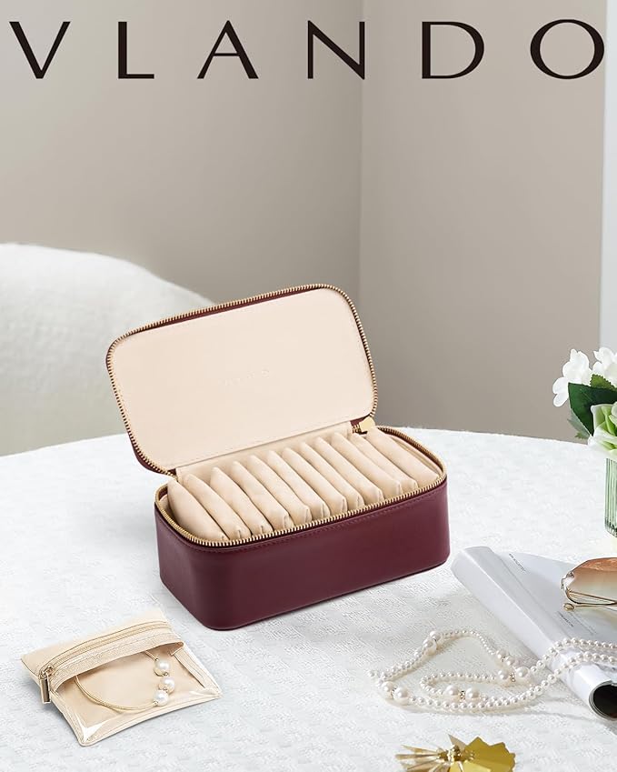 Vlando Jewelry Box with 12 Velvet Jewelry Bags Travel Jewelry Case for Girls Jewelry Organizers Necklace Rings Earrings Storage Bags Christmas Gifts Bridal Shower Gifts- Red