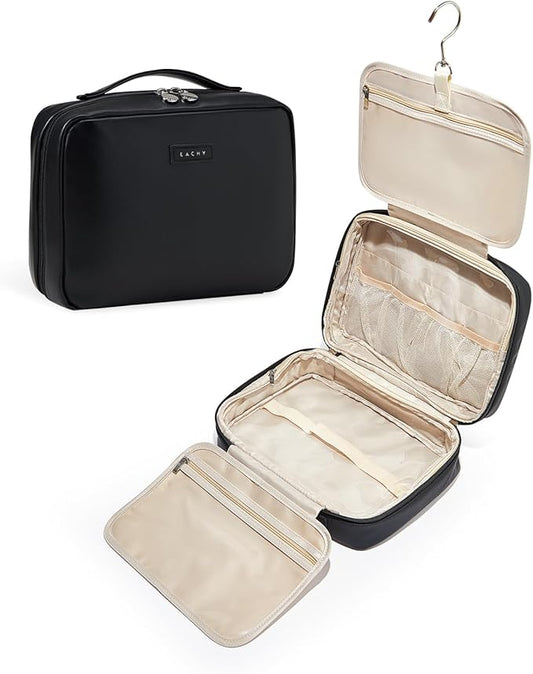 EACHY Travel Toiletry Bag with Hanging Hook, Portable Makeup Cosmetic Bags for Women, Water-Resistant Full-Size Travel Accessories (Black)