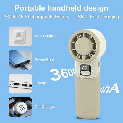 Portable Handheld Turbo Fan, USB Rechargeable Personal Mini Fan, LED Display, 5 Speed, 10H Cooling Time, Foldable Design, Powerful Turbo Small Pocket Fans for Travel, Outdoor, Office, Beach
