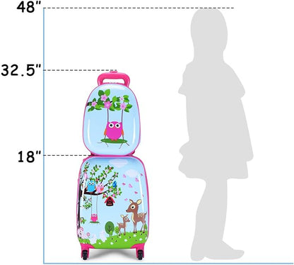 HONEY JOY Kids Luggage, 12” Travel Backpack & 16” Hard Shell Toddler Suitcase, Children Rolling Luggage with Wheels, Retractable Handle & 4 Casters, 2Pcs Carry On Luggage Set for Boys Girls(Deer)