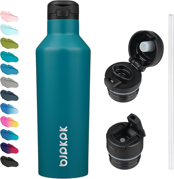 BJPKPK Insulated Water Bottle With Straw 25oz Stainless Steel Water Bottles With 2 Lids And Carry Handle Reusable Travel Metal Thermal Flask,Lake Blue