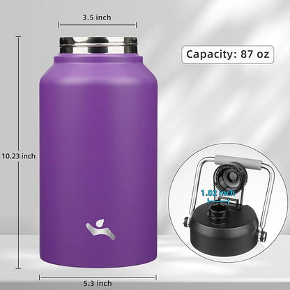Jug with Handle,87 oz Insulated Water Bottle with Carrying Pouch, Double Wall Vacuum Stainless Steel Metal Bottle,Purple