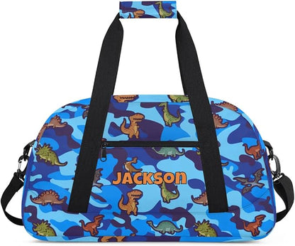 Personalized Duffel Bag for Kids Girls Boys, Cartoon Dinosaurs Custom Name Gym Bag Overnight with Padded Handles Carry On Weekend Sports Travel Bag for School Practice Gymnastics Ballet