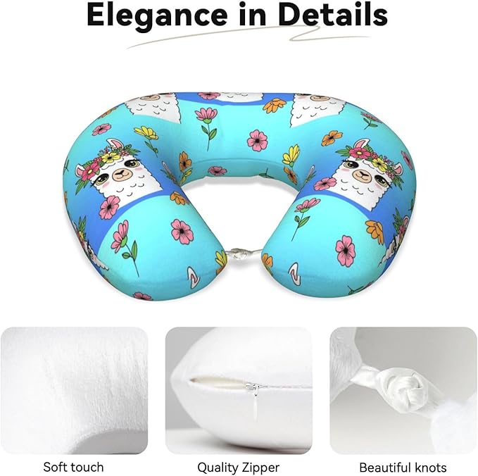 Neck Pillows for Travel Cute Alpaca Llama Flowers, Women and Men Airplane Car Pillow, Neck Support U Shaped Pillow for Rest Pain Relief Sleeping