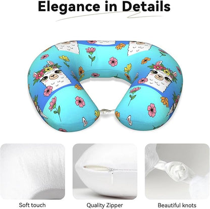 Neck Pillows for Travel Cute Alpaca Llama Flowers, Women and Men Airplane Car Pillow, Neck Support U Shaped Pillow for Rest Pain Relief Sleeping