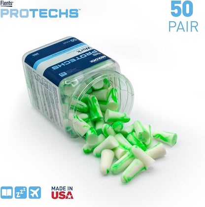 Flents Protechs Foam Ear Plugs for Work, Loud Noise, Heavy Machinery, Construction, Studying & Traveling, NRR 33, Green, Made in The USA, 50 Pair