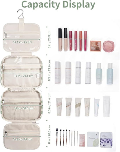 Narwey Travel Toiletry Bag for Women Large Hanging Makeup Bag Organizer Toiletries Bag for Full Size Essentials Accessories Cosmetics (Mint Green Checkerboard (Large))