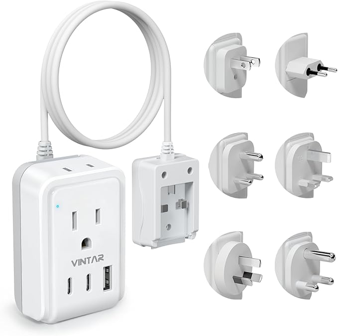 VINTAR Universal Travel Adapter Kit, 5ft Detachable Extension Cord with 2 AC Outlets & 3 USB(2 USB C), Type A/C/G/D/I/M International Power Adaptor for US to Europe UK India South Africa Japan