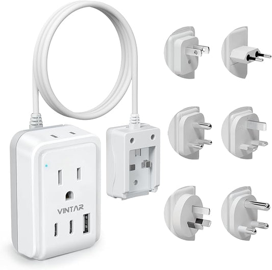 VINTAR Universal Travel Adapter Kit, 3ft Detachable Extension Cord with 2 AC Outlets & 3 USB(2 USB C), Type A/C/G/D/I/M International Power Adaptor for US to Europe UK India South Africa Japan