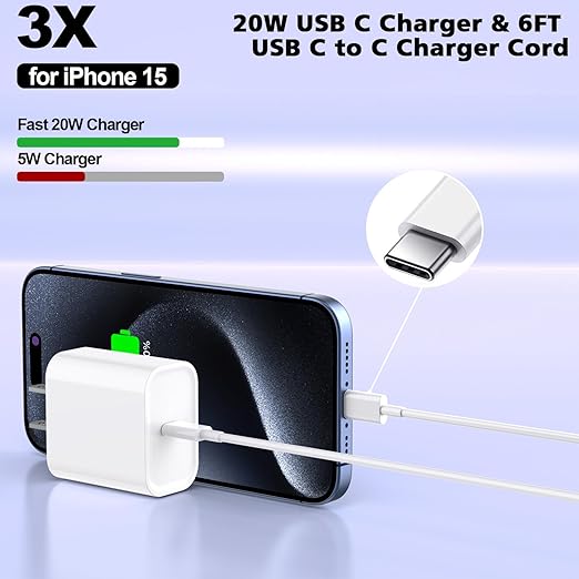 iPhone 16/15 Charger Fast Charging 20W USB Type C Charger Block 3Pack C Chargers Fast Charging Cord 10FT Long Charger Cable for iPhone16/16 Plus/16 Pro/16 Pro Max,iPhone 15,iPad Pro 12.9"/11",iPad Air