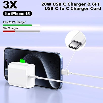 iPhone 16/15 Pro Max Charger Fast Charging,20W USB C Charger Block,3Pack Type C Fast Charging Cord Long USB C to C Wall Charge Cable for iPhone 16/16 Plus/16 Pro Max, iPad Pro 12.9"/11",iPad Air/Mini