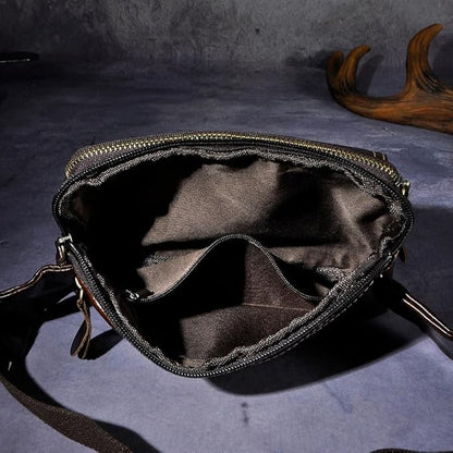 Rugged Pull-Up Leather Waist Bag for Men Full Grain Vintage Outdoor Compact Hip Pouch with Gift Box (Coffee)