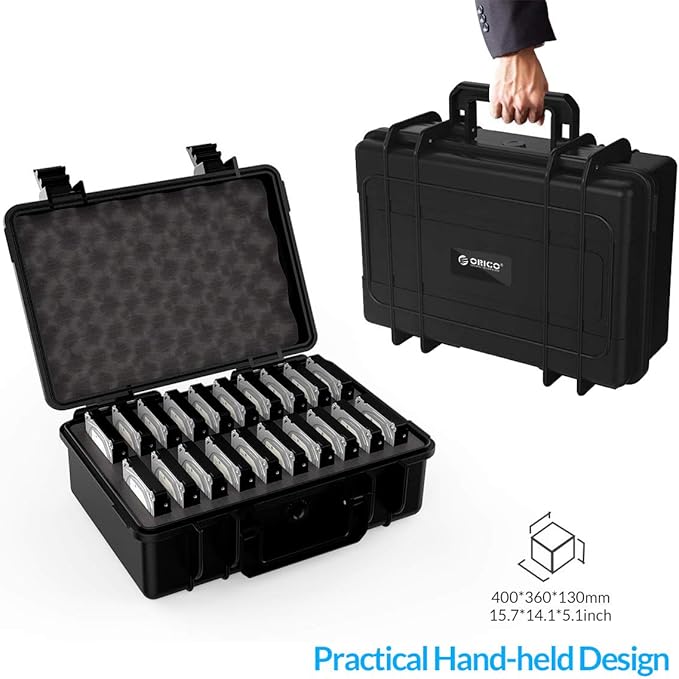 ORICO Hard Drive Case 3.5inch 20-Bay Multi-Protection HDD Storage Box Suitcase with Foam External Hard Drive Carrying Case Anti-Static Shock Moisture Proof for WD/Seagate/Toshiba-PSC L20