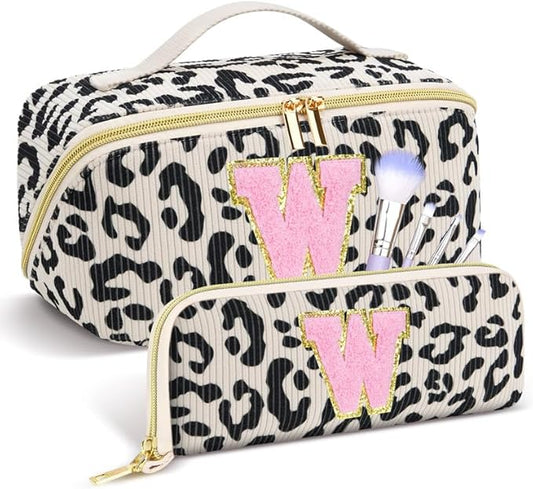 Personalized Travel Makeup Bag Set,Initial Travel Cute Leopard Makeup Organizer Bag,Toiletry Skincare Cosmetic Bag,Christmas Gifts for Women/Girls,Open Flat Toiletry Pouch with Brush Pocket-W