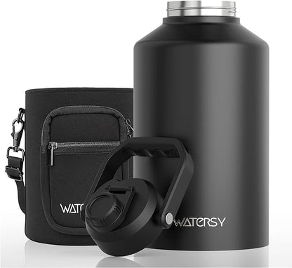 WATERSY 1.5 Gallon Water Bottle Insulated(Cold for 48 Hrs),BPA Free&Leak Proof,196oz Stainless Steel Water Jug,Big thermos,Large Water Bottle with Handle for Gym,Hiking,Camping&Travel,Black