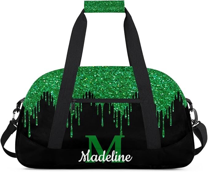 Personalized Kids Sports Duffel Bag with Name Custom Weekender Overnight Bag for Boys Girls Gym Bag Travel Dance Gymnastics Duffel Bag, Green Glitter