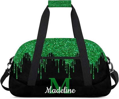 Personalized Kids Sports Duffel Bag with Name Custom Weekender Overnight Bag for Boys Girls Gym Bag Travel Dance Gymnastics Duffel Bag, Green Glitter
