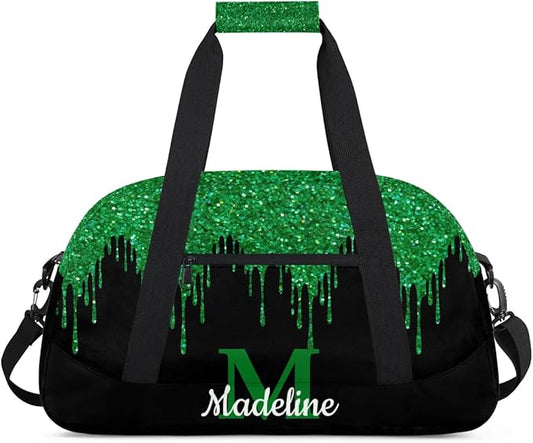 Personalized Kids Sports Duffel Bag with Name Custom Weekender Overnight Bag for Boys Girls Gym Bag Travel Dance Gymnastics Duffel Bag, Green Glitter