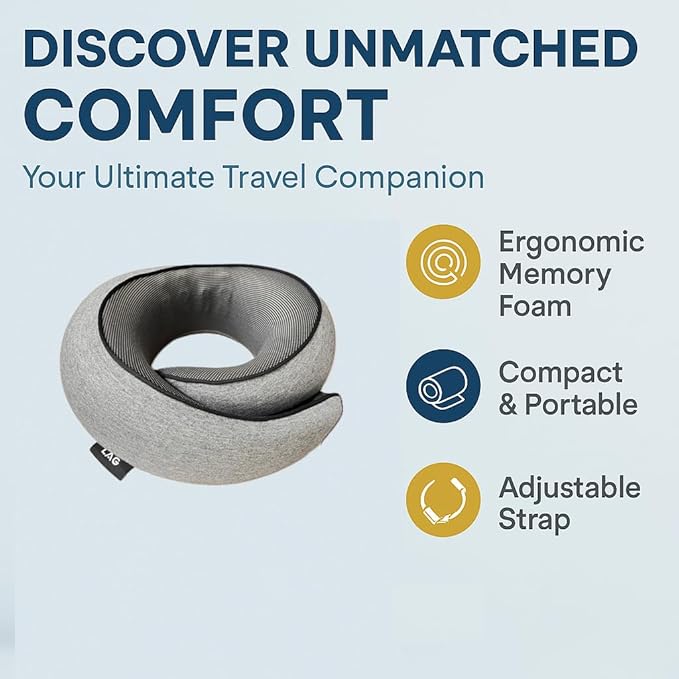 LAG Neck Travel Pillow | Memory Foam Neck Pillow for Comfort on Airplane | Compact and Ergonomic Design for Travel