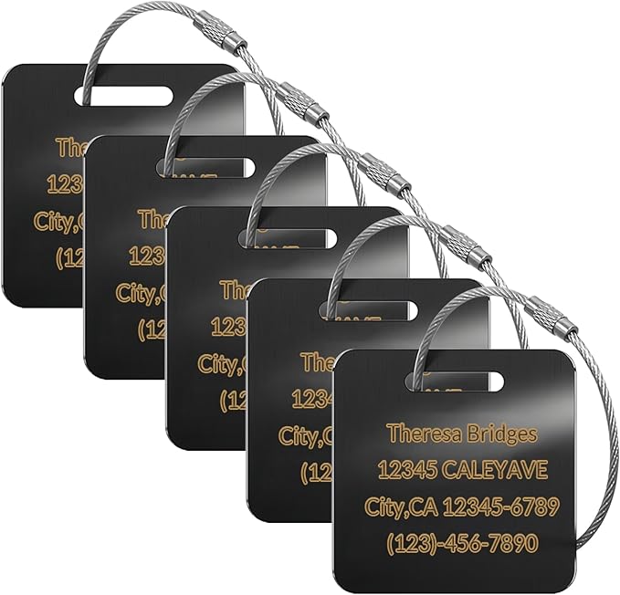 (5pcs) Made in USA Personalized Engraved Luggage tag-Custom Luggage Metal Tags for Unique Suitcase & Backpack Travel, Durable, Waterproof & Heavy Duty ((2×2) Black)
