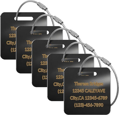 5 Pack Custom Engraved Luggage Tags, 2 x 2 inches Waterproof Personalized Luggage Tags, Aluminum Personalized Bag Tags for Suitcases/Backpack/Luggage Accessories [Black]