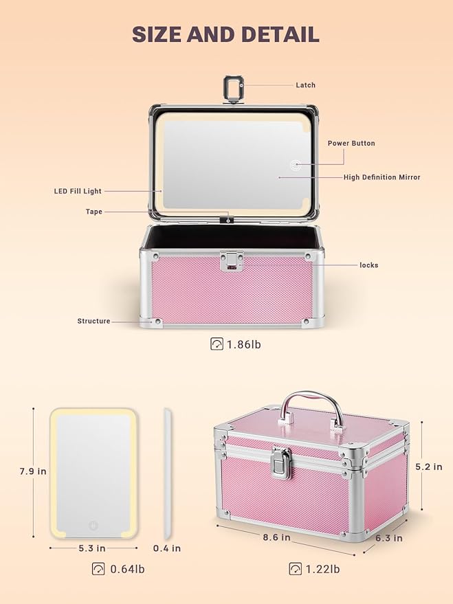 Qislee Makeup Box Mini with A Detachable Lighted Mirror, Waterproof Small Makeup Case,Cosmetic Organizer and Travel Train Case with Magnetic LED Mirror(Silver Frame Iridescent Pink)