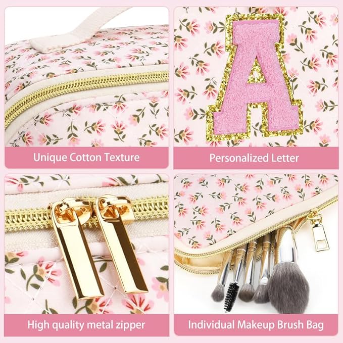 Personalized Travel Makeup Bag Set,Initial Travel Cute Floral Makeup Organizer Bag,Toiletry Skincare Cosmetic Bag,Christmas Gifts for Women/Girls,Open Flat Toiletry Pouch with Brush Pocket-S