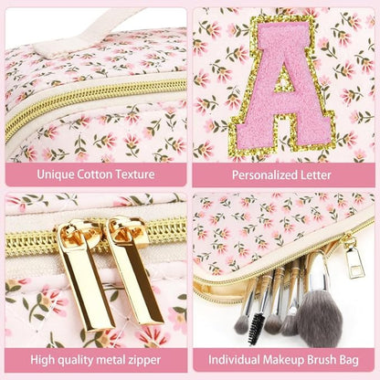 Personalized Travel Makeup Bag Set,Initial Travel Cute Floral Makeup Organizer Bag,Toiletry Skincare Cosmetic Bag,Christmas Gifts for Women/Girls,Open Flat Toiletry Pouch with Brush Pocket-T
