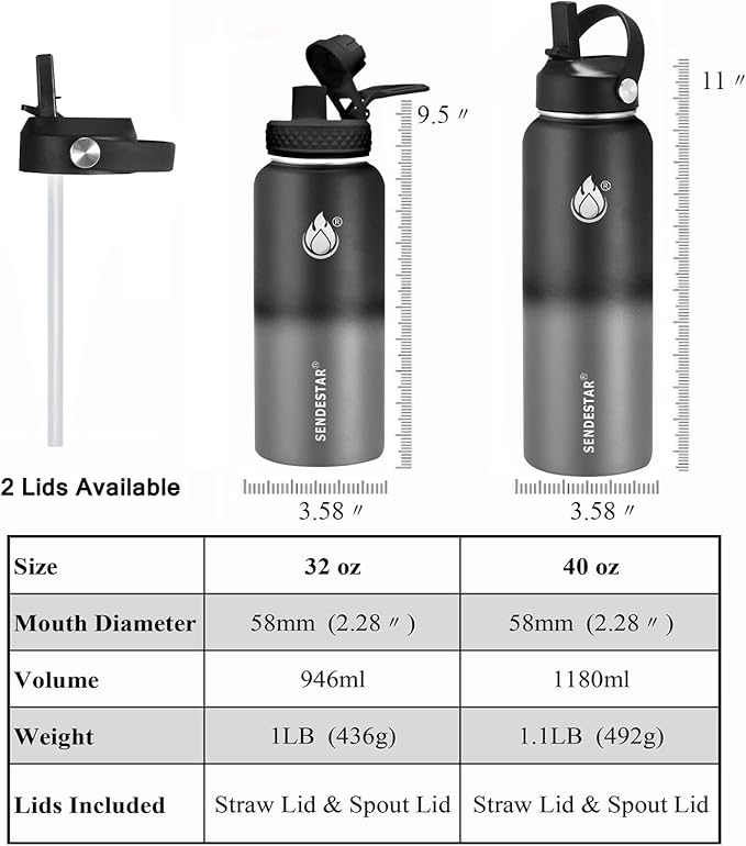 Insulated Water Bottle 32 oz with Straw, Stainless Steel Wide Mouth Water Bottle, Double Wall Vacuum Leak Proof with Straw Lid & Spout Lid for Sports or Office, Keep Cold or Hot Up to 24 Hrs