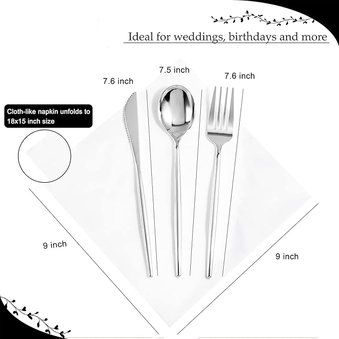 LUODA 30 Pack Pre Rolled Silver Plastic Silverware, Heavy Duty Wrapped Disposable Cutlery Set Includes 30 Forks, Knives, Spoons & Linen Napkins, Silver Flatware Set for Party