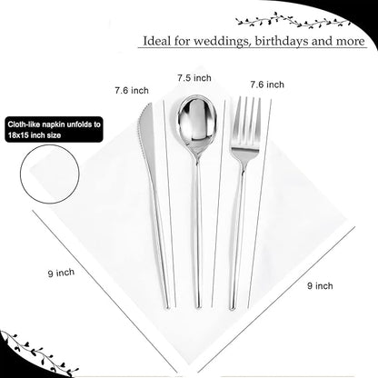 LUODA 30 Pack Pre Rolled Silver Plastic Silverware, Heavy Duty Wrapped Disposable Cutlery Set Includes 30 Forks, Knives, Spoons & Linen Napkins, Silver Flatware Set for Party