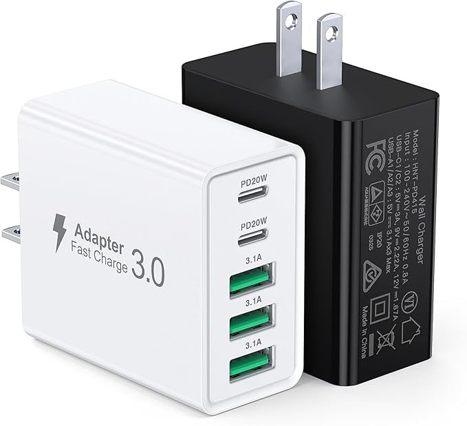 [2-Pack] USB C Wall Charger, 60W USB C Charger Block 5-Port PD Fast Charging Blocks + QC Power Adapter Brick Cube Multiport USB A Plug,Type C Cube for iPhone 17/16/15/14/13/12/Pro,Samsung,for Switch