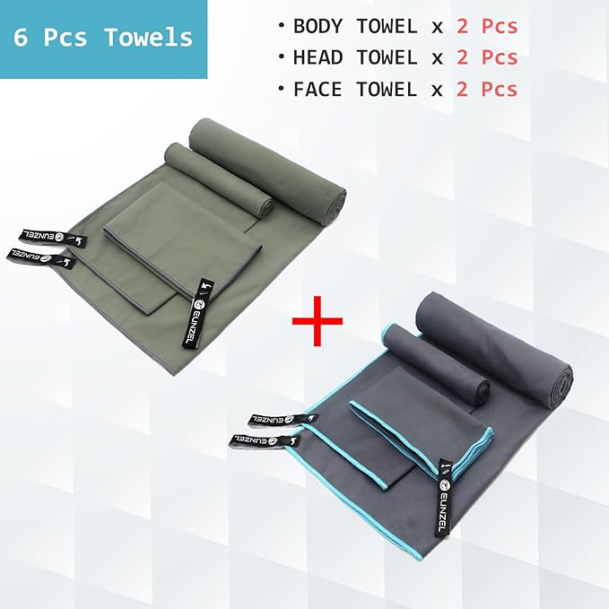 Eunzel 2 Set Quick Dry Camping Towel, Microfiber Travel Towel Super Absorbent Fast Drying Towel for Camping, Beach, Gym, Backpacking & Swimming(Two 3-Piece Towel Sets, Army Green/Grey)