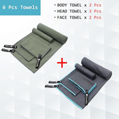Eunzel 2 Set Quick Dry Camping Towel, Microfiber Travel Towel Super Absorbent Fast Drying Towel for Camping, Beach, Gym, Backpacking & Swimming(Two 3-Piece Towel Sets, Army Green/Grey)