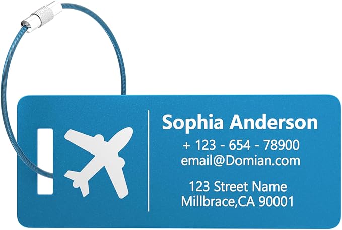 4 Personalized Metal Luggage Tags, Laser Engrave Name and Logo, Custom Aluminum Suitcase Tags with Steel Ring, for Travel, Backpack, Baggage (Blue)