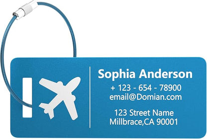 4 Personalized Metal Luggage Tags, Laser Engrave Name and Logo, Custom Aluminum Suitcase Tags with Steel Ring, for Travel, Backpack, Baggage (Blue)